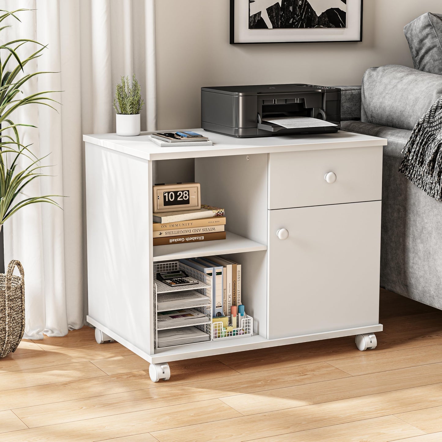 Quikraen Rolling File Cabinet Mobile Filing Cabinets with Doors, Adjustable Shelves Storage Cabinet, Lateral Printer Stand with Drawer for Office Supplies Mobile Filing Cabinet White