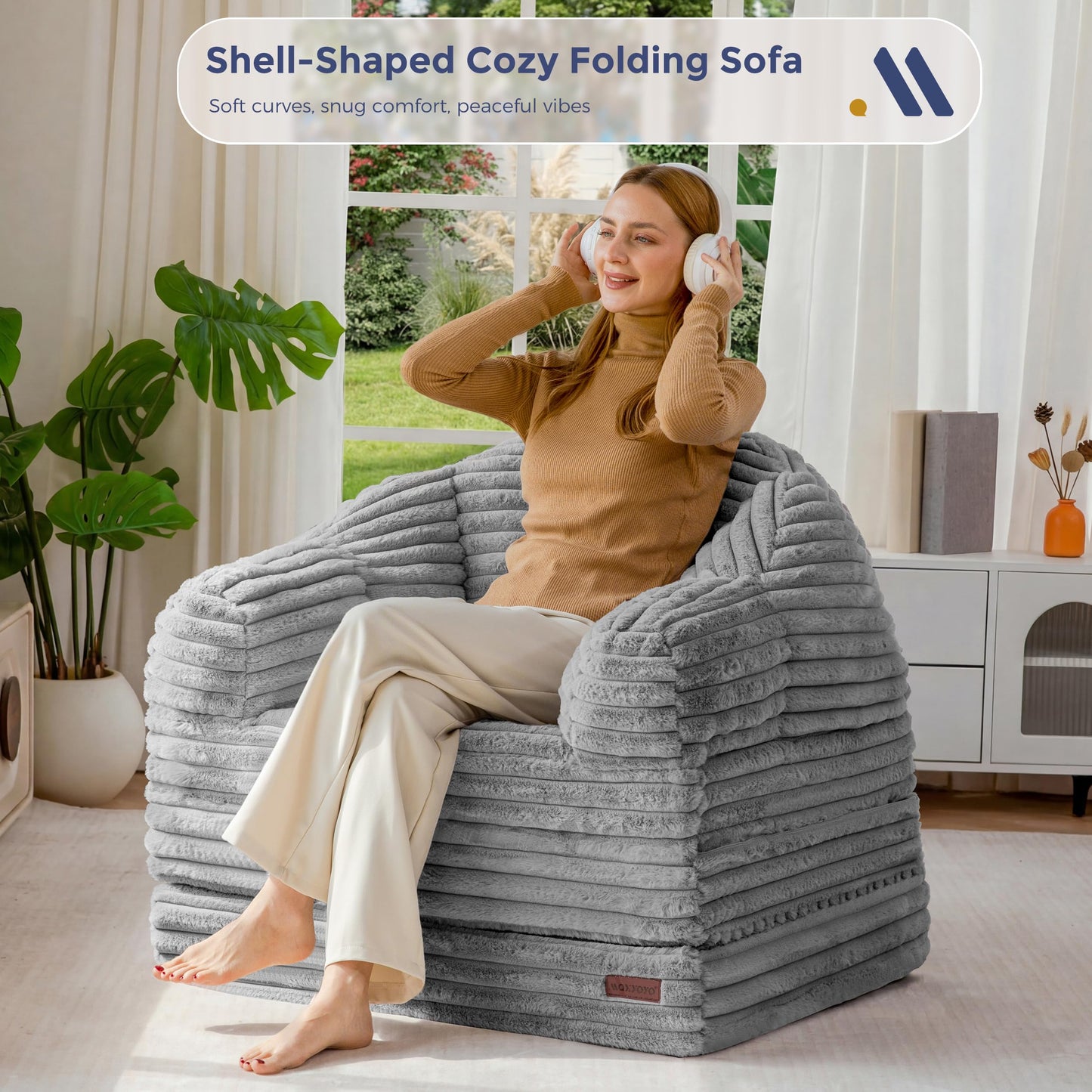 MAXYOYO Folding Sofa Bed, 2 in 1 Convertible Sofa to Lounger Comfy Faux Fur Bean Bag Chair for Adults, Floor Single Couch Chair with Handle, Couch Bed for Living Room Bedroom, Grey