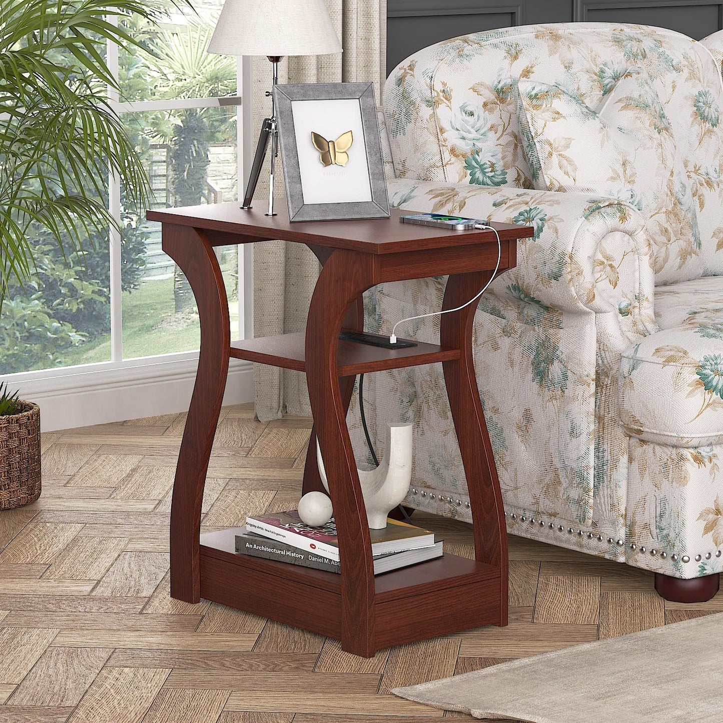 FROMJBEST End Tables Living Room, Cherry End Table with Charging Station, Nightstand for Bedroom, 3 Tier End Table with Storage Shelf for Living Room(Cherry)