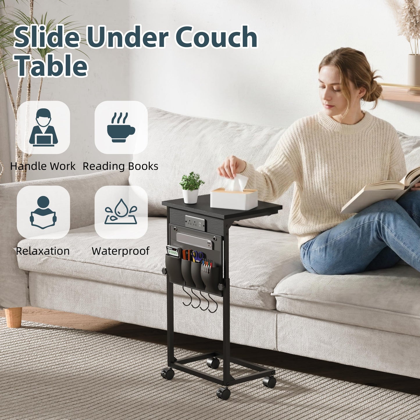 DENYKO Adjustable Height Couch Table with USB-C Charging Station & Pocket Storage – Compact Couch Stand with Hooks & Wheels for Small Spaces & Living Room, Adjustable C Table (Black)