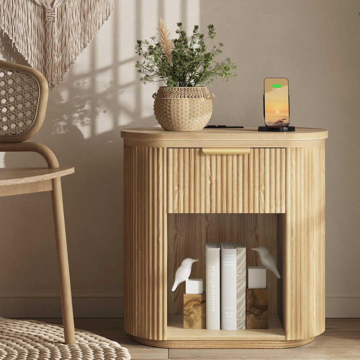 Fluted Nightstand with Charging Station, 23.6" Large Bedside Side Table with Drawer, Wood End Table with Storage, Curved Round Corner, Furniture Bedroom Sofa, Mid Century Modern, Farmhouse Boho,Oak