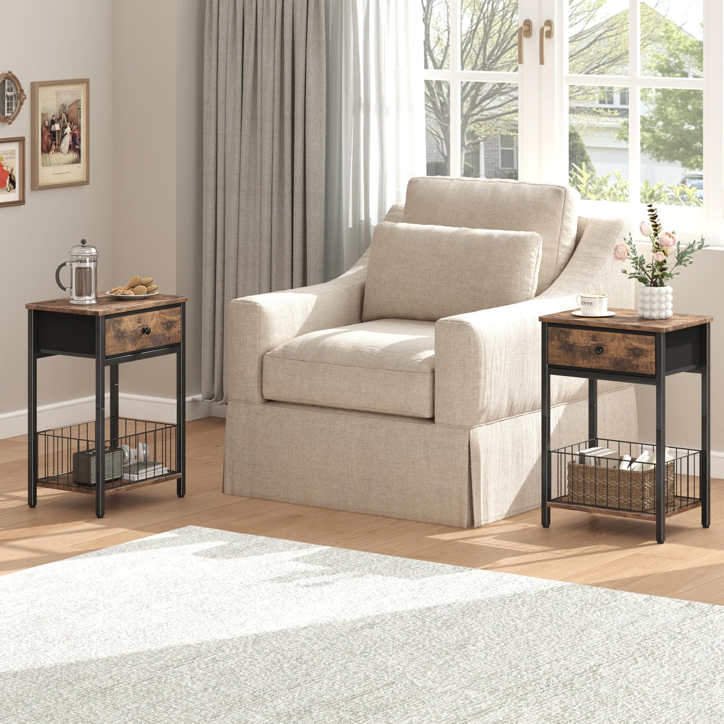 VAFEKOL End Tables Bedroom, Night Stand with Drawers, Industrial nightstand, Nightstand with Fabric Bins, Bedside Table End Table for Bedroom, Closet, Entryway, College Dorm, Rustic Brown LNT0061BR