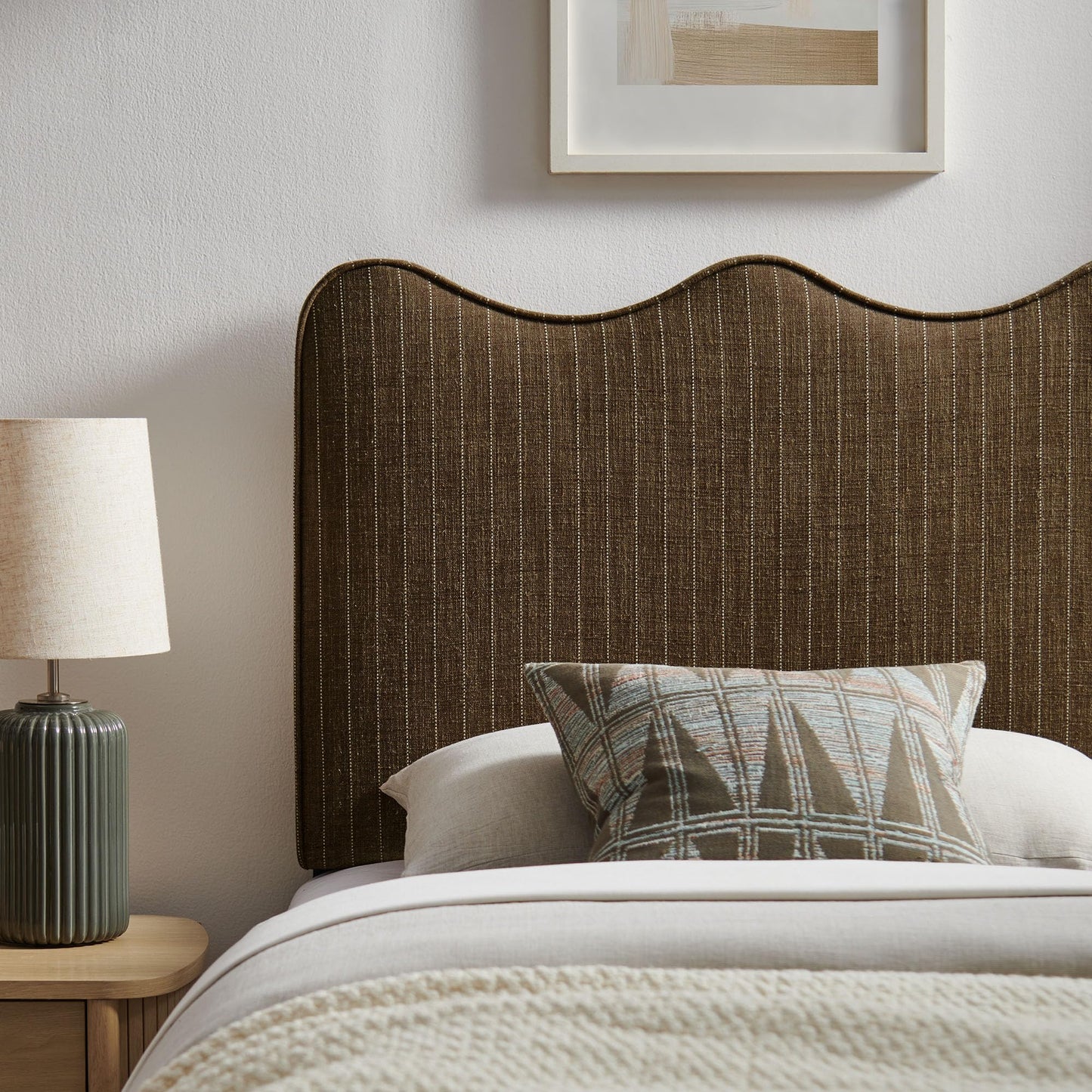Monday Athena Striped Fabric Upholstered Twin Size Adjustable Headboard in Earth Stripe - with Scalloped Wave Design and Soft Linen-Like Fabric