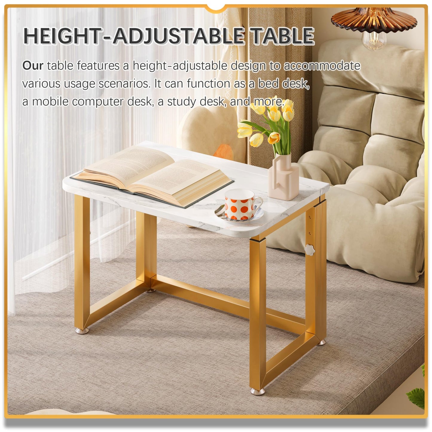 4NM No Tool Assembly 23.6" Small Desk, Folding Portable Desk with Wheels, Adjustable Height Foldable Computer Home Office Desks, Collapsible Study Writing Table for Space Saving Bedroom - White Gold
