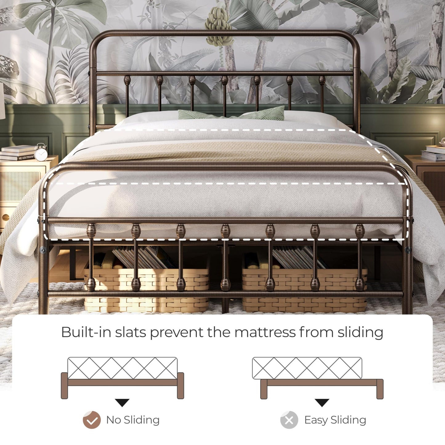 Yaheetech Classic Metal Platform Bed Frame Mattress Foundation with Victorian Style Iron-Art Headboard/Footboard/Under Bed Storage/No Box Spring Needed/Queen Size Bronze