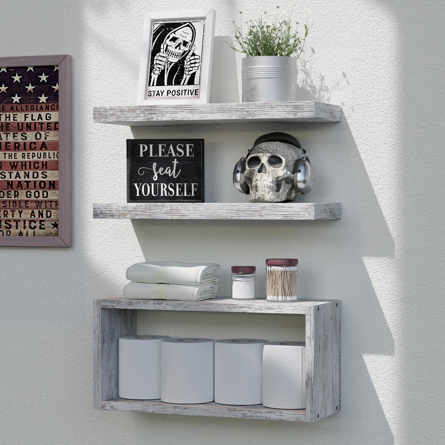 RICHER HOUSE Floating Shelves Set of 3, Farmhouse Bathroom Wall Mounted Shelves with Invisible Brackets Over Toilet, Wall Shelves for Bathroom Bedroom, Living Room, Kitchen - Rustic White