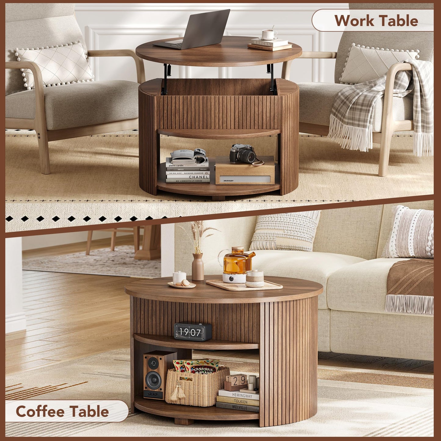 Decofy Round Lift Top Coffee Table with Storage, Fluted Mid-Century Modern Coffee Tables for Living Room, with Hidden Compartment & Open Shelves, for Small Spaces & Home Office(31.5" Walnut)