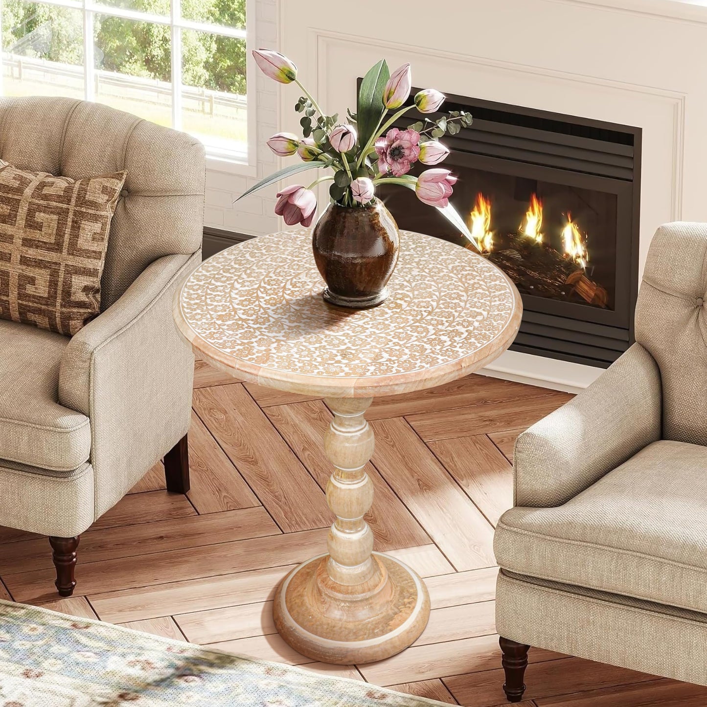 End Tables for Living Room– SideTables for Small Spaces, Modern Accent Nightstand with Hand-Carved Top & Solid Wood Tables for Living Room, Bedroom, Office – 18x22 White wash