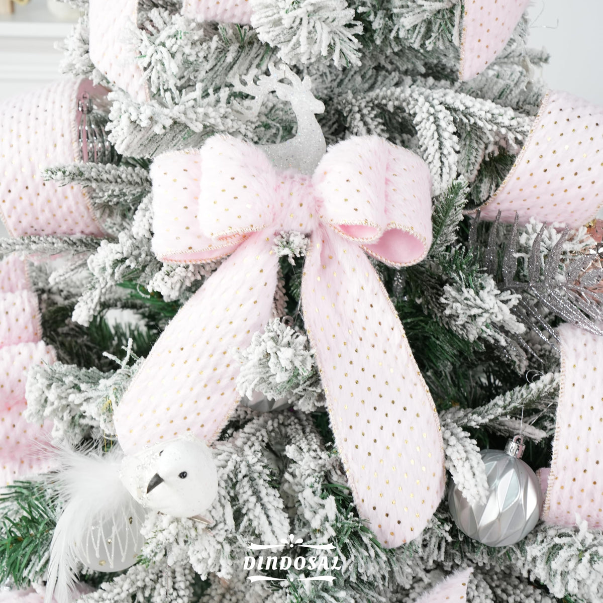 DINDOSAL Pink and Gold Christmas Ribbon 2.5" X 10 Yards Pink Faux Fur Wired Ribbon for Christmas Tree Decoration, Polka Dot Ribbon Wired for Bows, Wreaths, Garlands, Gift Wrapping, Home Decor