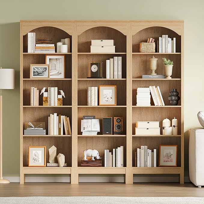 Arched Set of 2 Bookshelf with 5 Tier Open Shelves, Living Room, Natural Oak