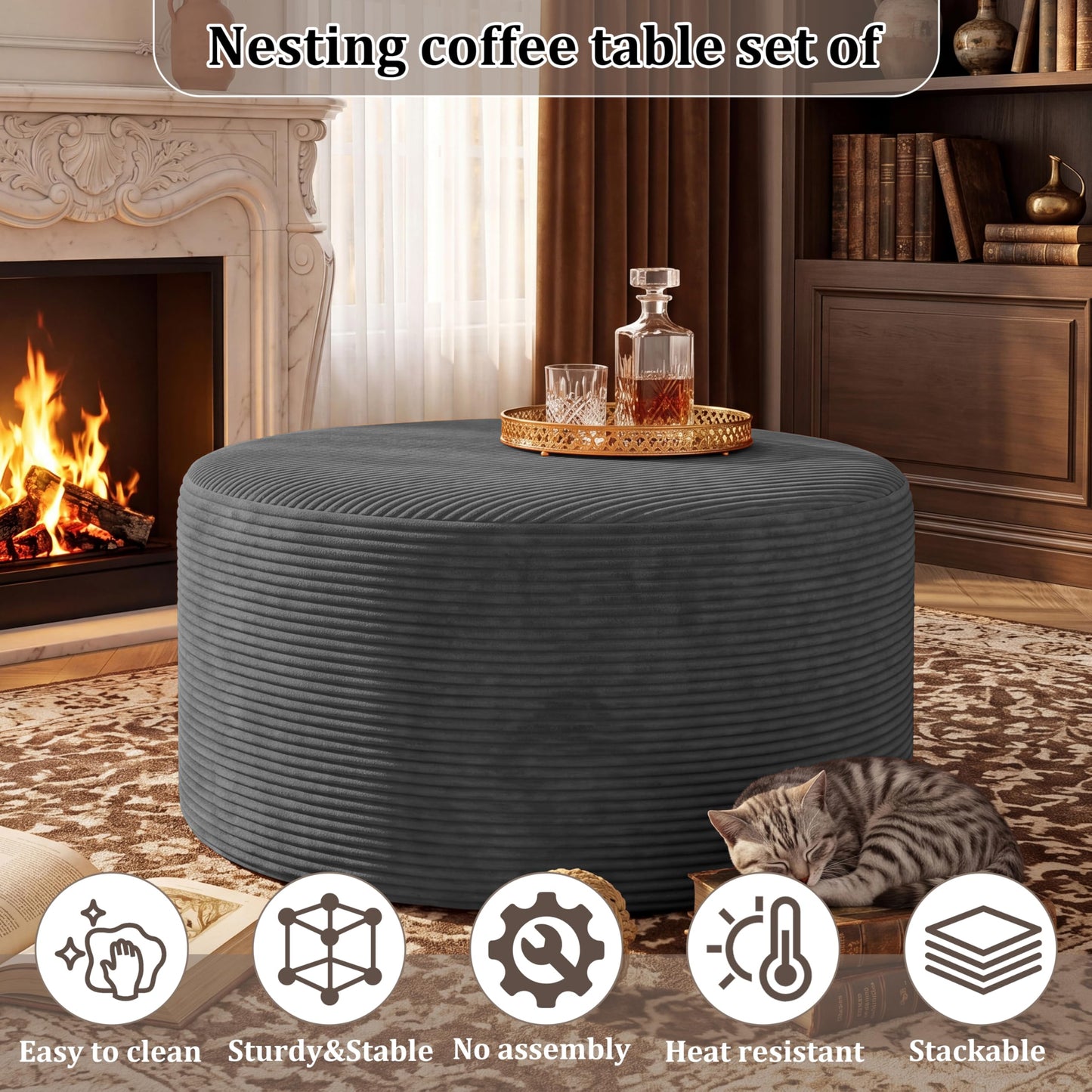 BSHOMGI Round Boneless Ottoman Oversized Ottomans for Living Room, Cloud Rectangle Pouf Coffee Table, Poofy Corduroy Foot Stoolsfor Living Room, Bedroom or Office