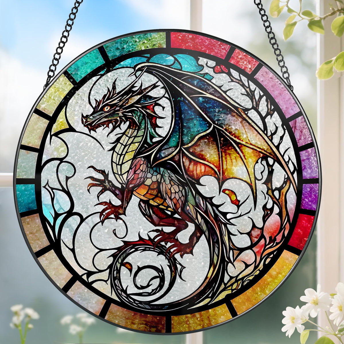 8 Inch Stained Glass Suncatcher Ornament, DOUHASU Dragon Sun Catchers Indoor Window, Stained Glass Window Hanging, Home Decor, Dragon Lovers Gifts for Men, Dad, Husband, Boyfriend