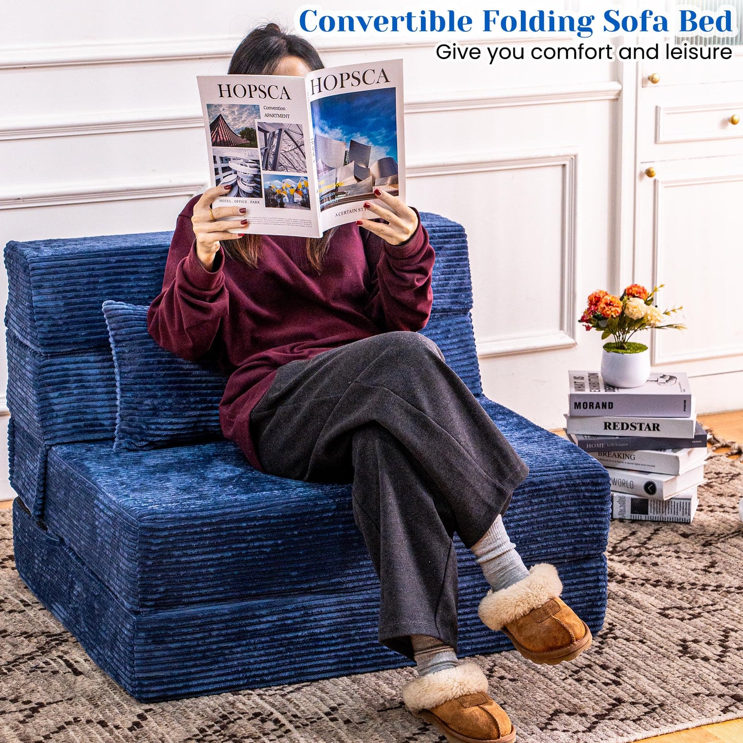 Cvortll Folding Sofa Bed, Convertible Sleeper Chair with Pillow, High Density Memory Foam Fold Out Couch, Foldable Mattress Futon Sofa for Living Room/Dorm/Guest Use/Apartment/Home Office