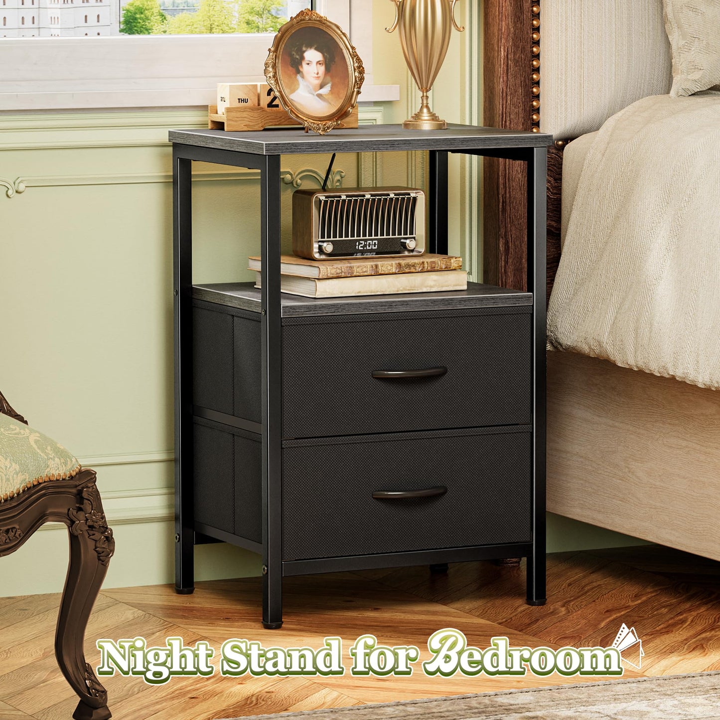 Huuger Night Stand with 2 Drawers, Bed Side Table with Open Shelf, Wooden Top, Nightstand for Bedroom, End Table for Small Space, Fabric Drawer, Grey
