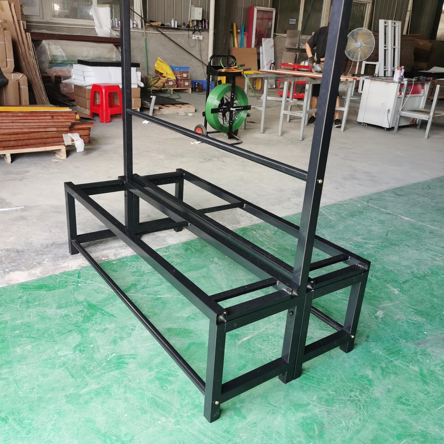 Industrial Locker Room Bench with Storage Rack, Double-Sided Wood Slat Seating, Black Metal Frame
