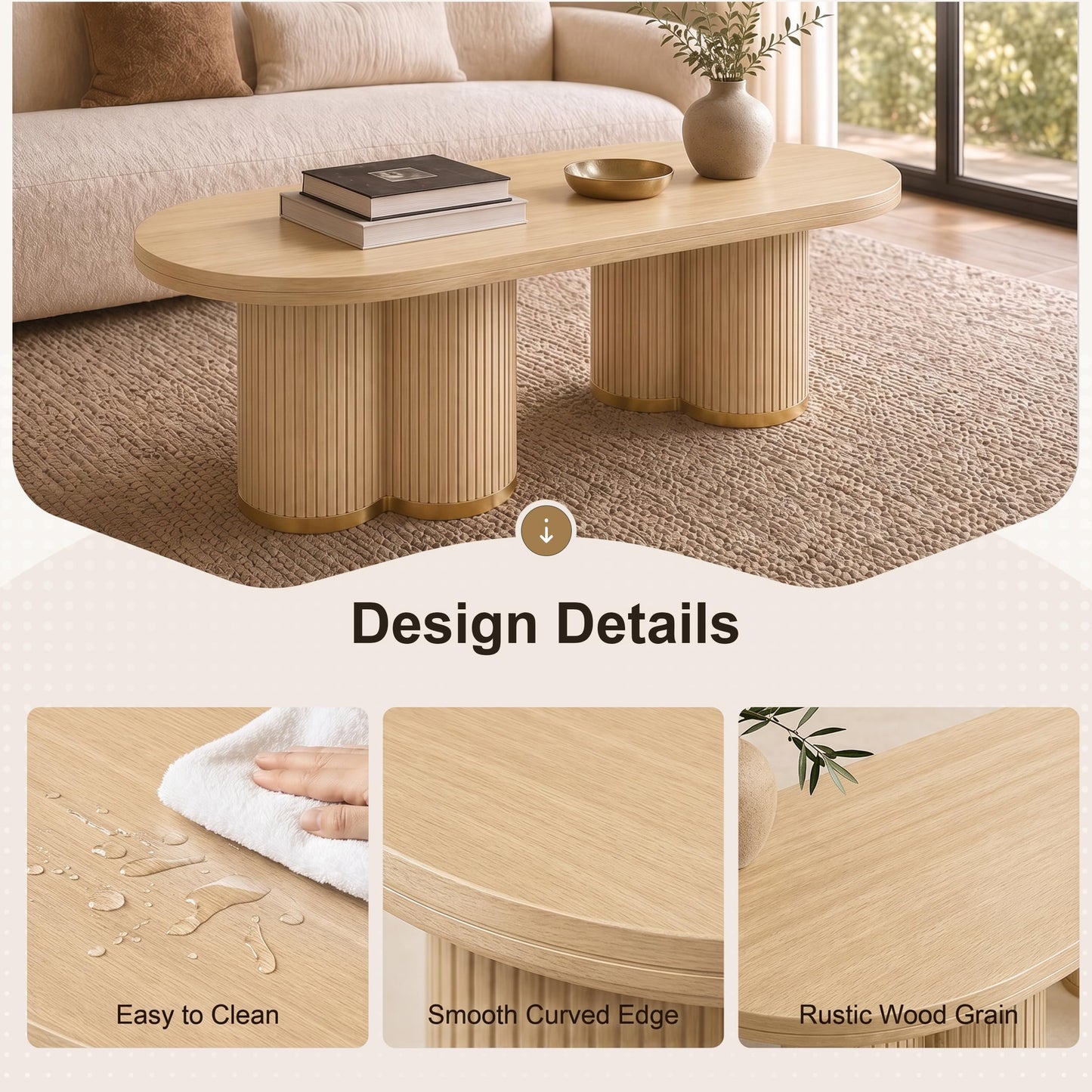 YOSHOOT Oval Fluted Coffee Table for Living Room - 47" Farmhouse Wood Coffee Table Modern Round Center Table for Living Room Home Office, Oak