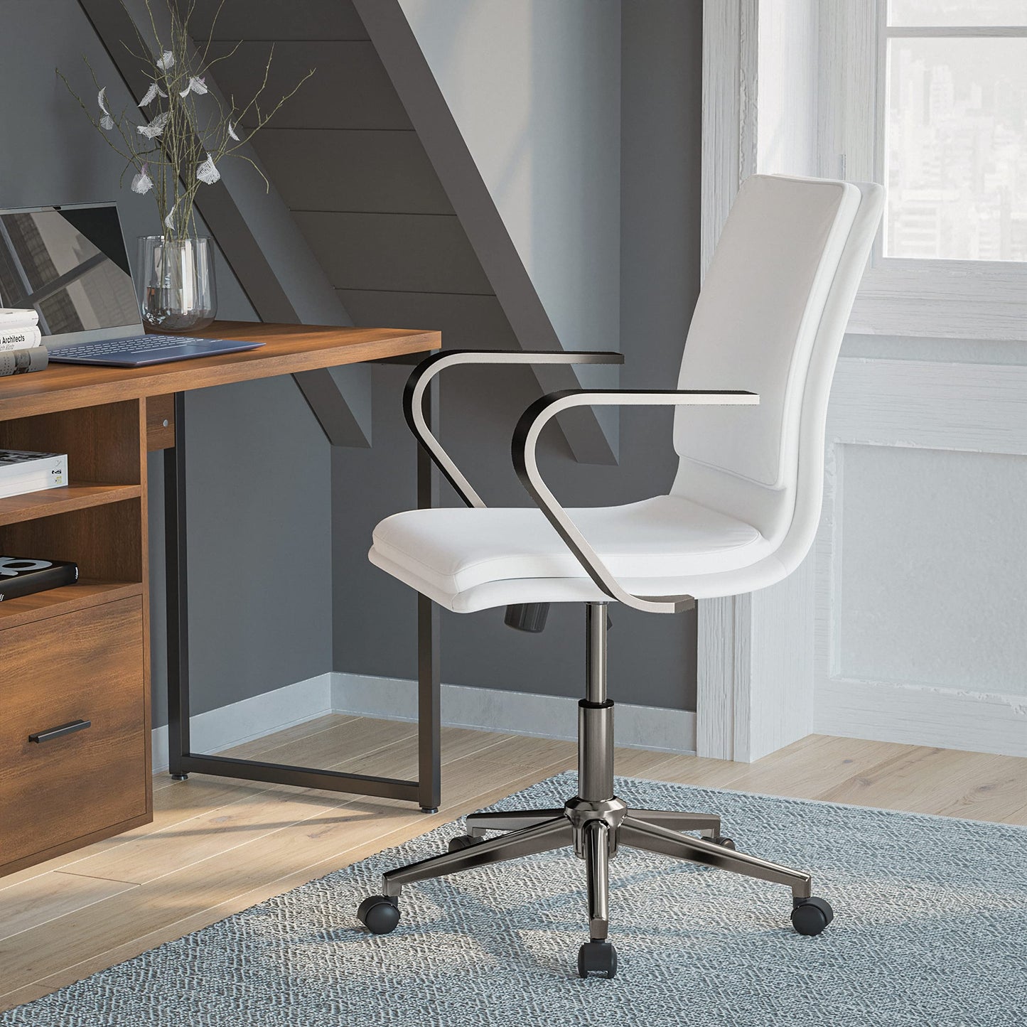 Flash Furniture James Mid-Back Designer Executive Office Chair - White LeatherSoft Upholstery - Brushed Chrome Base and Arms - Height Adjustable 360° Swivel Seat