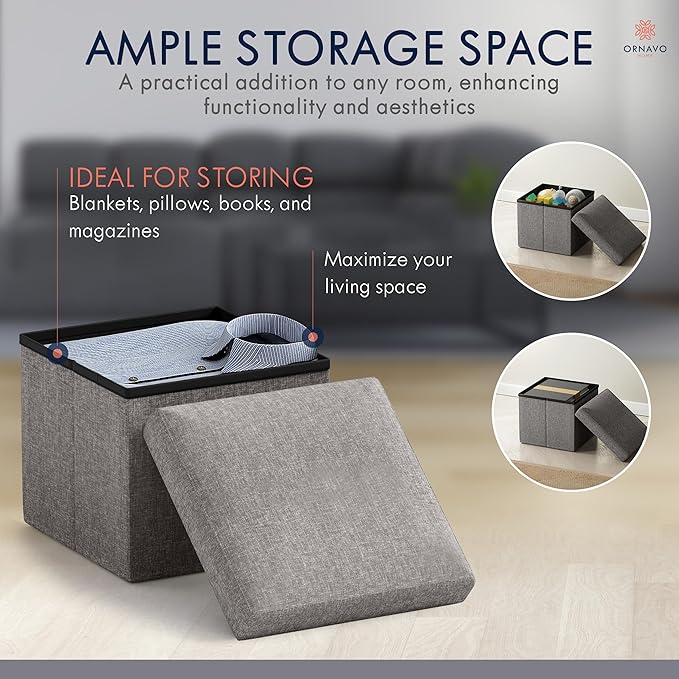Ornavo Home Small Storage Ottoman Foldable Collapsible Cube Square Linen
