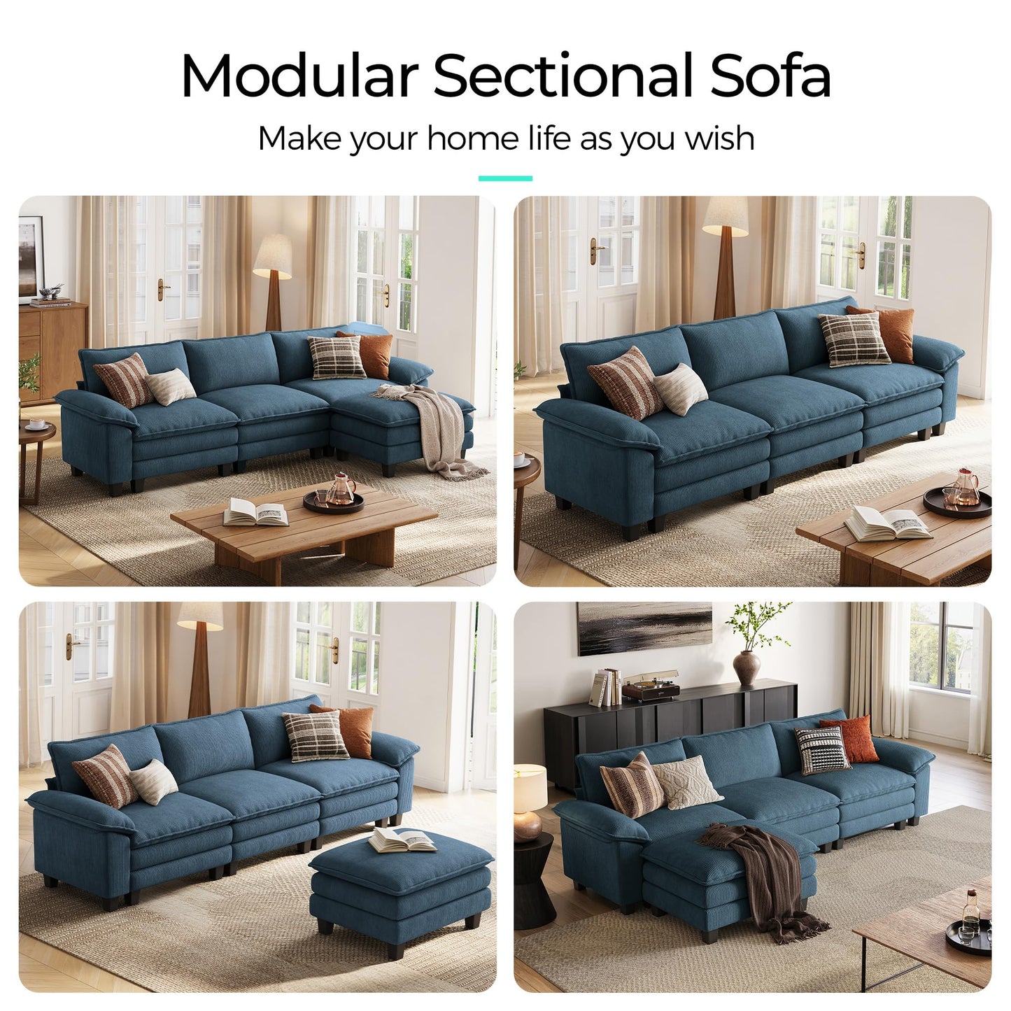 LINSY HOME 123" Modular L-Shaped Sectional Sofa, 3-Seat Corduroy Modern Cloud Couch with Deep Seat & 1 Movable Ottoman, Perfect for Living Room, Office, Bedroom, Blue