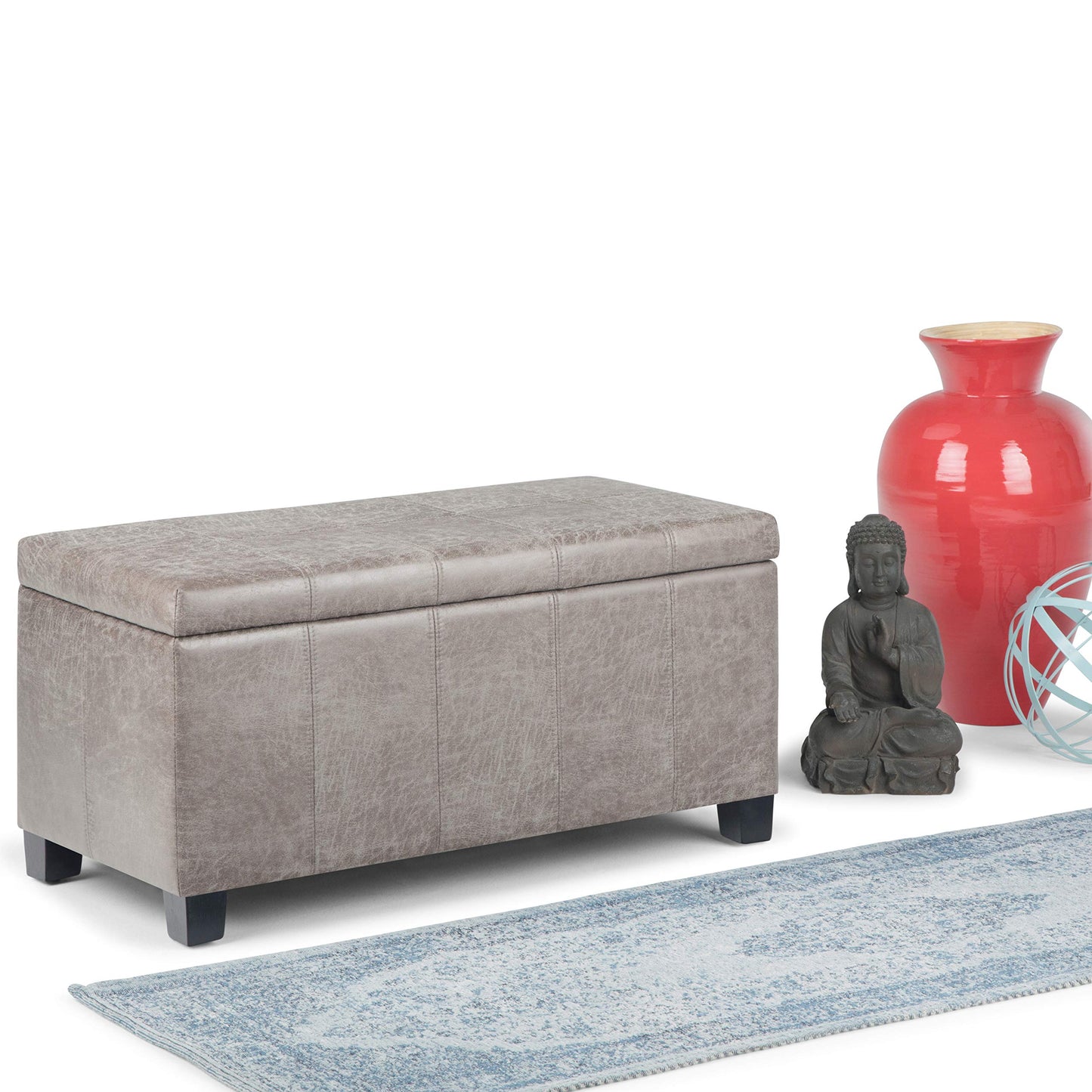 SIMPLIHOME Dover Storage Ottoman Bench - 36 inch Wide Upholstered Vegan Leather Rectangular Lift-Top Ottoman in Distressed Grey Taupe, Contemporary Bench for Living Room with Safety Hinges