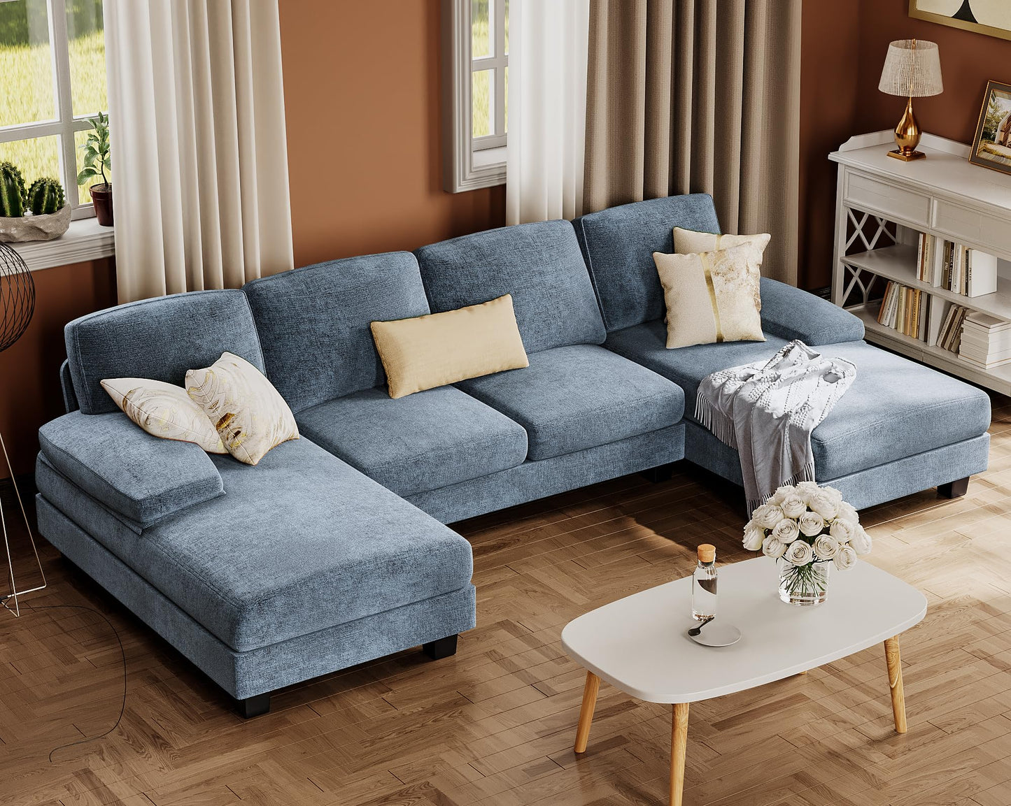 Furmax Sectional Couches for Living Room, U-Shaped Sofa Couch with Linen Fabric, 4 Seat Sofa Set with Double Chaise for Apartment (Chenille, Light Blue)