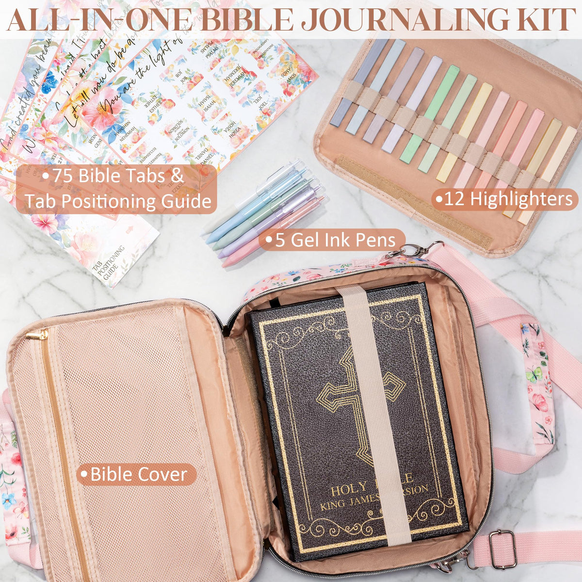 Bible Cover Case for Women, Large Bible Bag w/Shoulder Strap, Bible Study Supplies Journaling Kit Pink Book Carrying Case with Accessories Pastel Highlighter Tab, Christian Gifts for Women Mom Friends