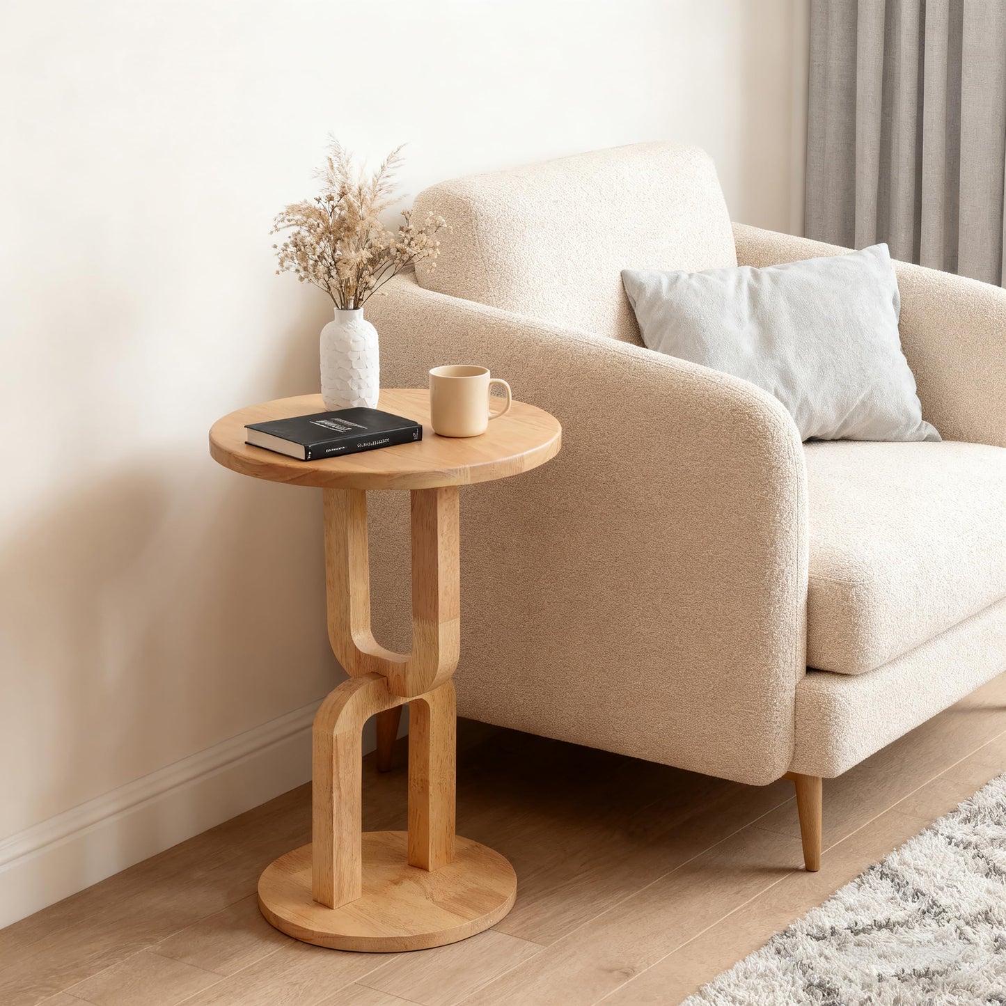 COVLON Solid Wood Small Round Side Table, Modern Accent End Table, Bedside Nightstand with U-Shaped Base for Living Room, Bedroom, Apartment and Small Spaces
