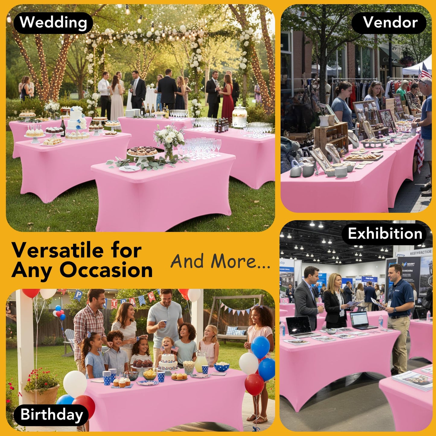 Dailyset 6-Pack Premium Pink Spandex Tablecloths for 6ft Rectangle Tables, Stain & Wrinkle-Resistant, Washable Stretch Polyester Fitted Table Cover for Weddings, Banquets, Trade Shows Events