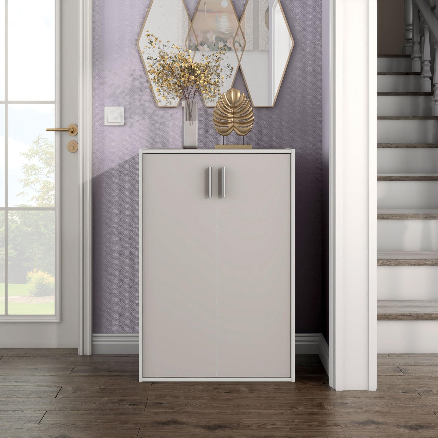 Homes: Inside + Out Apexa 3-Tier Stackable Wood Bookcase with Doors, Cube Storage Organizer Shelves, Small Food Pantry Cabinet, Dorm Teen Room Decor & Bedroom, Home Office, Kitchen, Taupe Grey