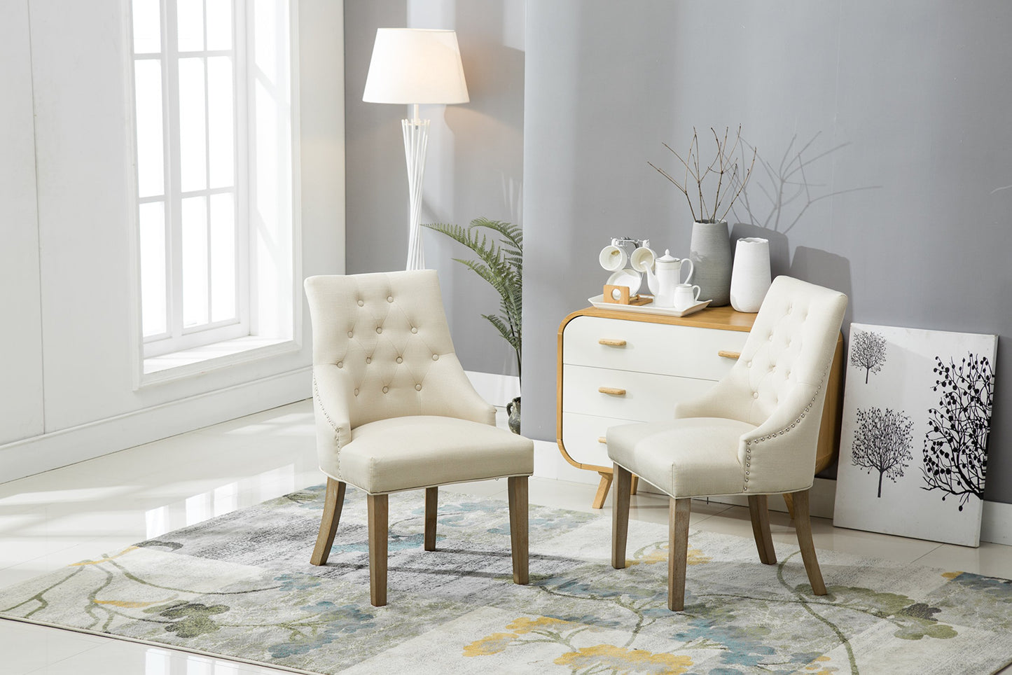 Roundhill Furniture Button Tufted Solid Wood Wingback Hostess Chairs with Nail Heads, Set of 2, Tan, White, "Tan, 24D x 22W x 39H in