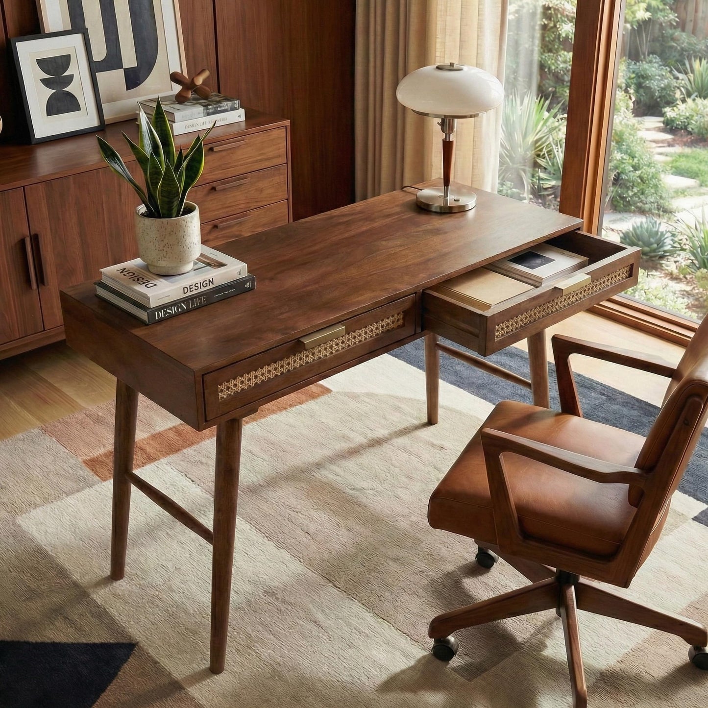 Casartis Living Ella Cane Solid Wood Desk w/Built-in-Outlet (Walnut)