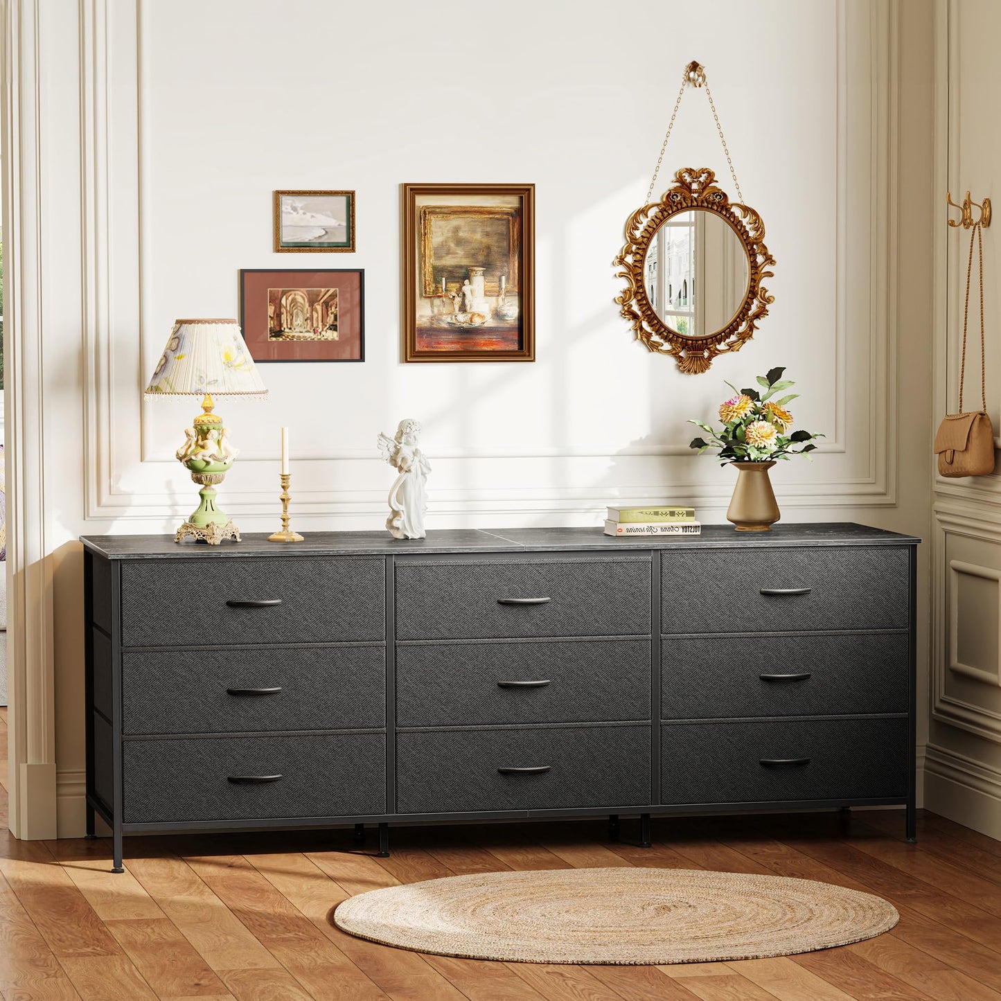 Huuger 63 Inch Dresser for Bedroom, Dresser for Closet with 9 Fabric Drawers, Large TV Stand for 55, 65, 70 Inch TV, Entertainment Center with Storage, Wide Long Chest of Drawers, Black