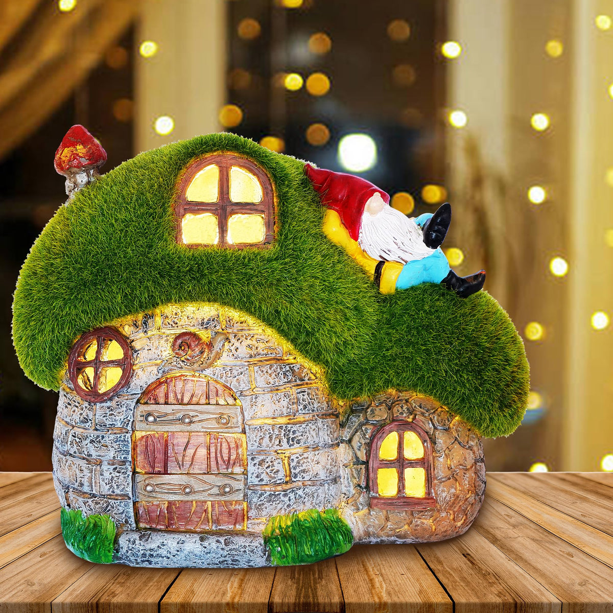 ILLUMINEW House Garden Statues with Solar Lights, LED Cute Flocked Fairy House with Gnomes Garden Figurine, Outdoor Patio Yard Lawn Decorations Gift