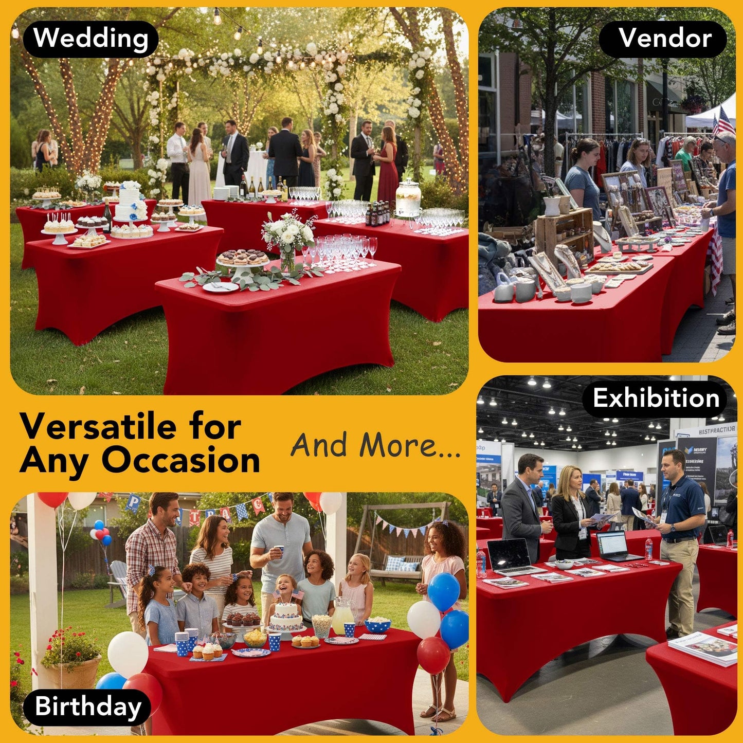 Dailyset 6-Pack Premium Red Spandex Tablecloths for 6ft Rectangle Tables, Stain & Wrinkle-Resistant, Washable Stretch Polyester Fitted Table Cover for Weddings, Banquets, Trade Shows Events