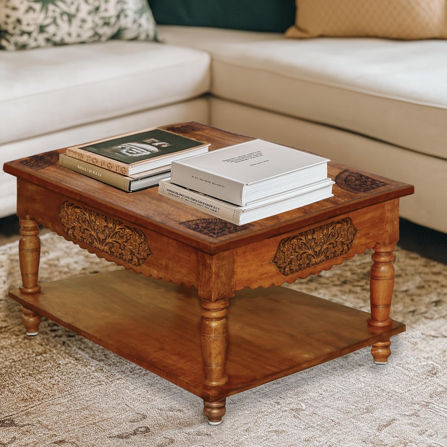 COTTON CRAFT Hand Carved Solid Wood Coffee Table with Storage Shelf – Antique Brown 100% Mango Wood Center Table for Living Room – Easy Assembly Rustic Farmhouse Cocktail Table - 30.5 x 21.5 x 18 H