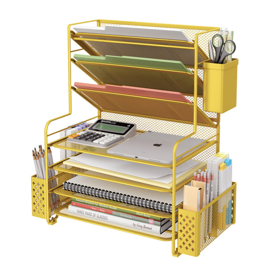Simple Trending 7 Tier Desk File Organizer, Letter Tray Paper Organizer with Pen Holder and Metal Hanging Basket, Gold