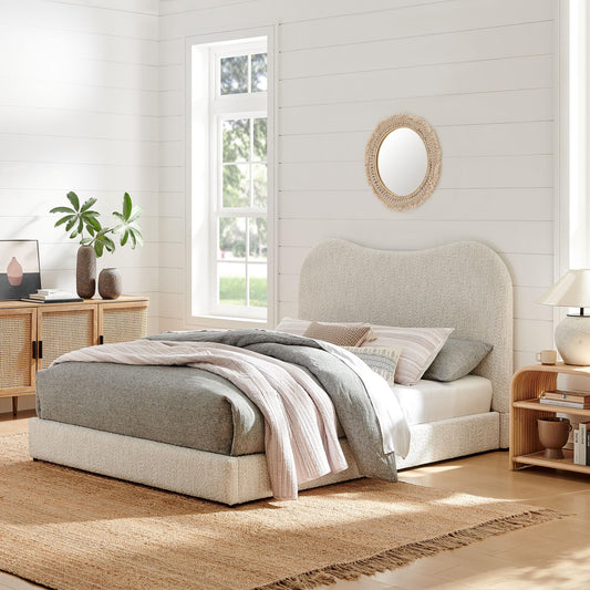 Seluna Queen Size Boucle Platform Bed in Pearl with Curved Headboard – Upholstered Queen Bed Frame with Wood Slats