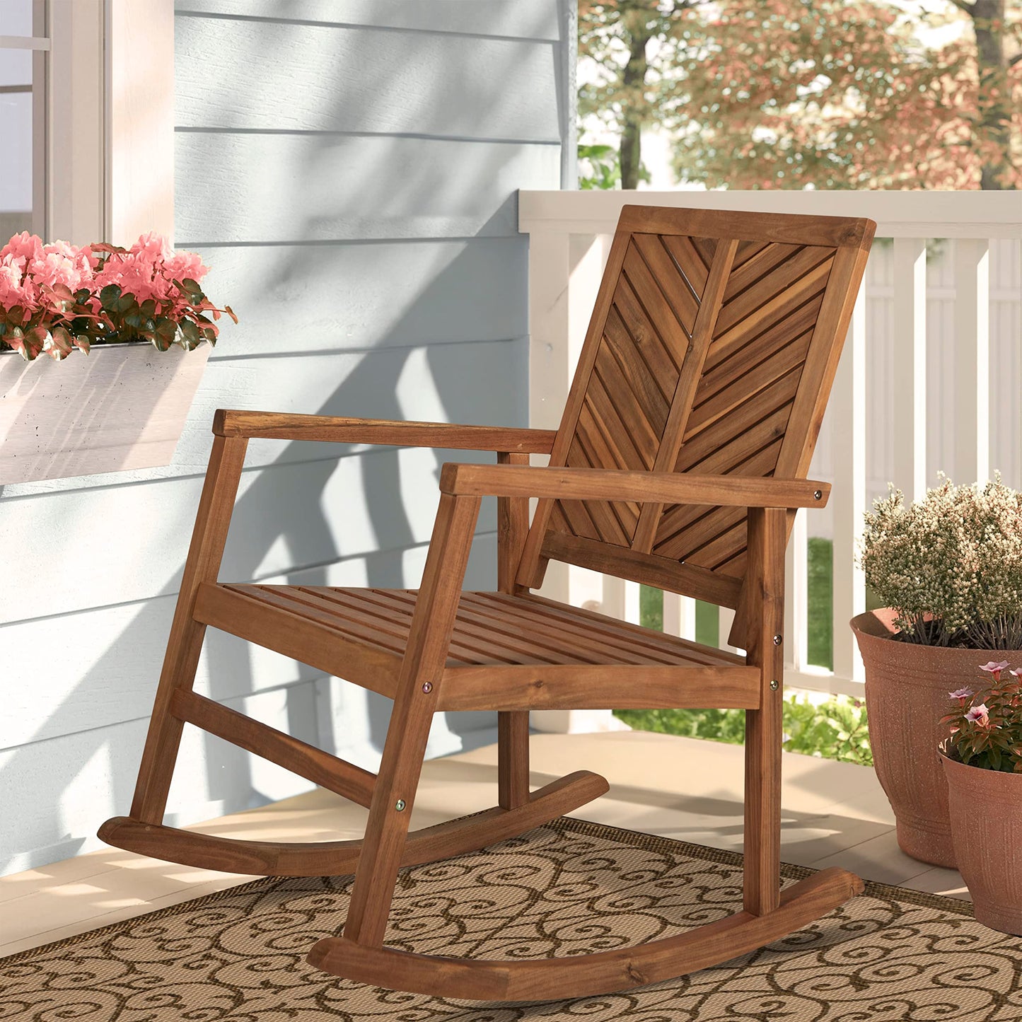 JONATHAN Y Ned Solid Acacia Wood Outdoor Rocking Chair, All-Weather Chevron High Back Porch Rocker for Patio, Deck and Garden, Farmhouse Teak Finish Wood Armchair, 35" Height RCK100A