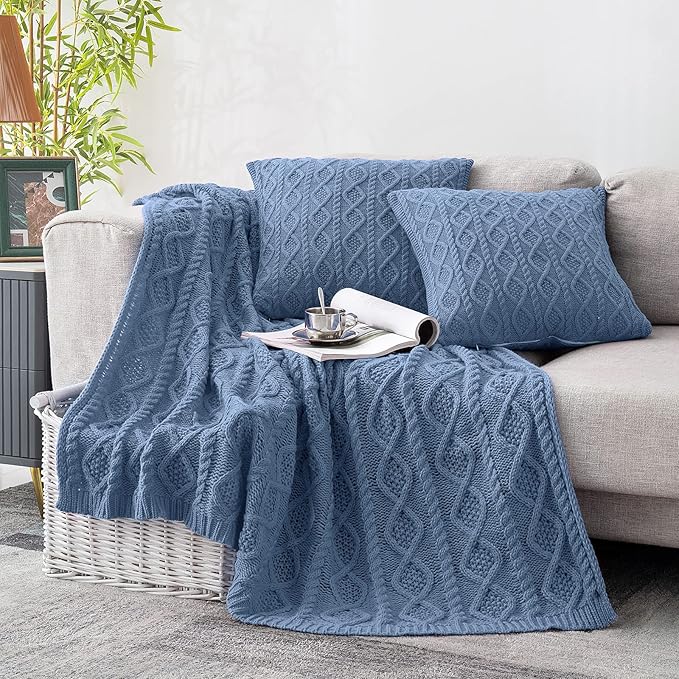 Homiest Dusty Blue Cable Knit Throw, 60 x 80 Inch, Lightweight Acrylic Knitted