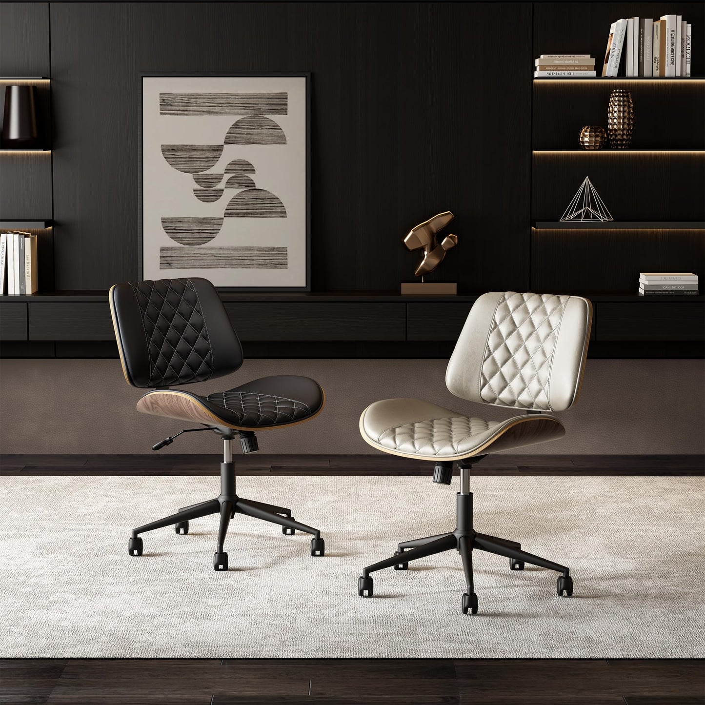 zavxzren Home Office Chair No Arms with Wheels, Armless Adjustable Height Small Desk Chair, Armless PU Leather Computer Chair Mid Back 360 Swivel, Modern Walnut, Reading Meeting Room (Brown)