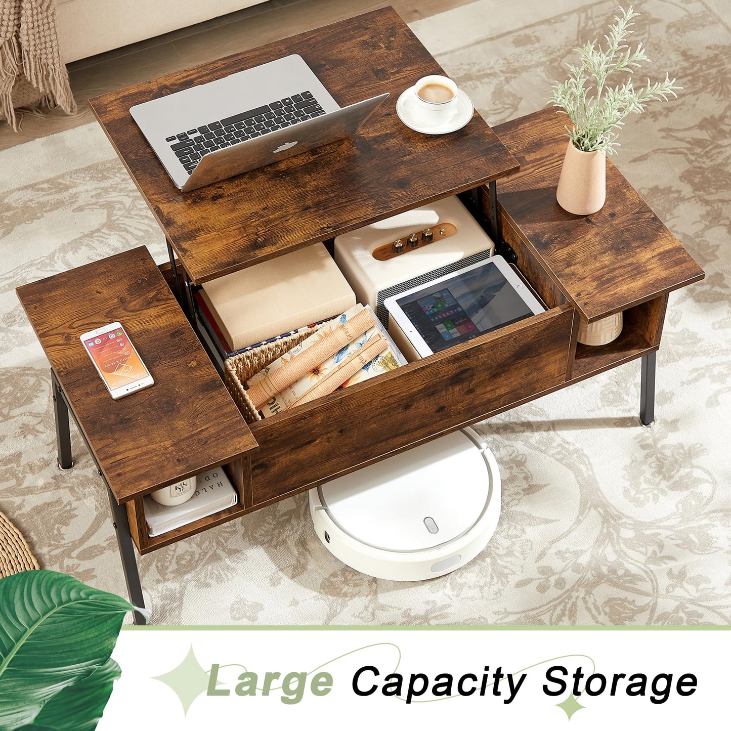VECELO Wood Lift Top Coffee Table with Hidden Compartment and Storage Shelf for Living Room/Office Reception, Rising Tabletop, Brown