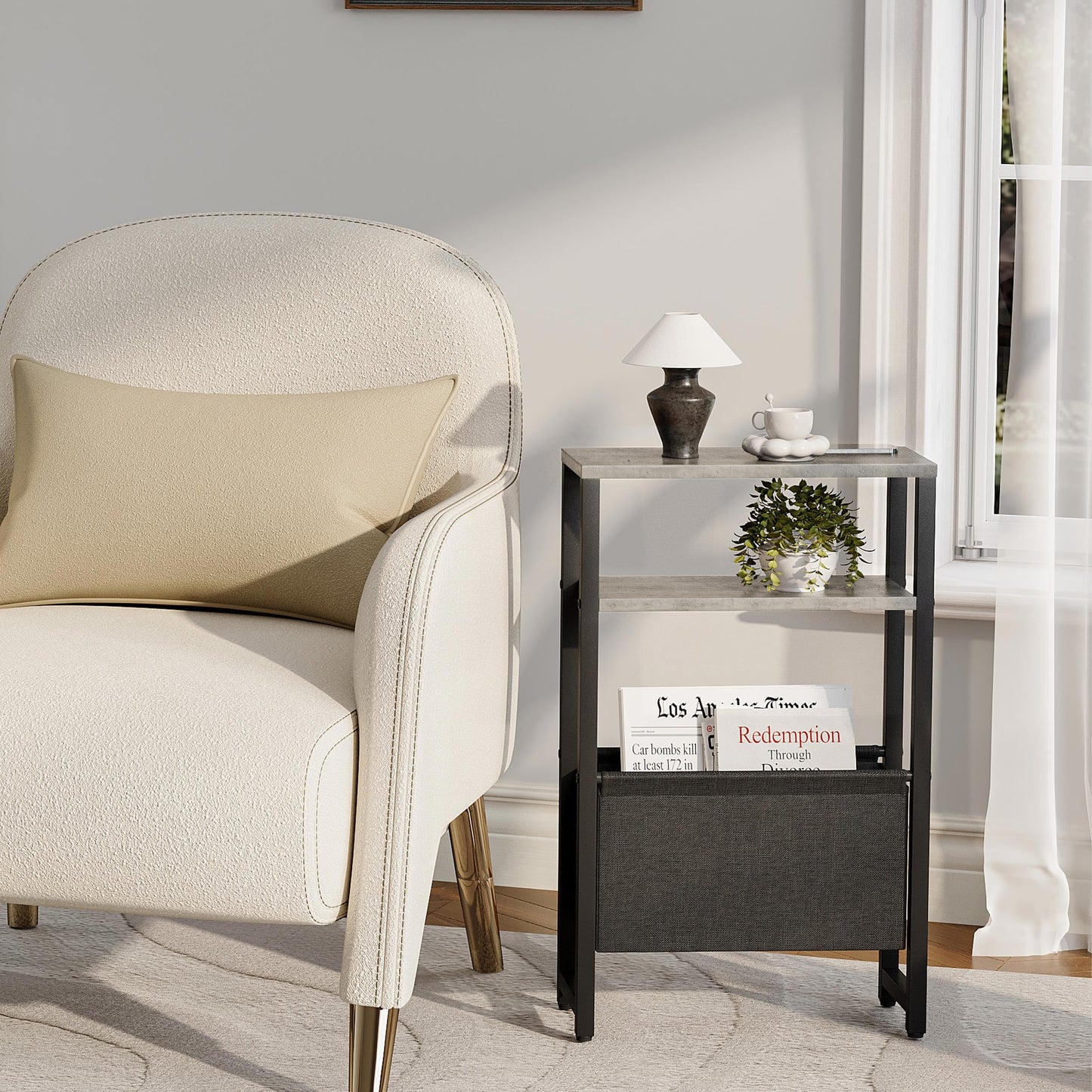 IRCPEN Narrow Side Table, Slim End Table with Magazine Rack, Skinny Bedside Table for Small Spaces, 3 Tier Sofa Couch Table Nightstand for Living Room, Bedroom,Oak Grey LET503Q