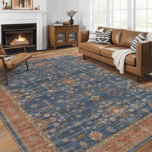 10x12 Area Rug for Living Room- Machine Washable Soft Oriental Vintage Large Indoor Floor Carpet for Bedroom Under Dining Table Home Office Decor - Blue Terracotta