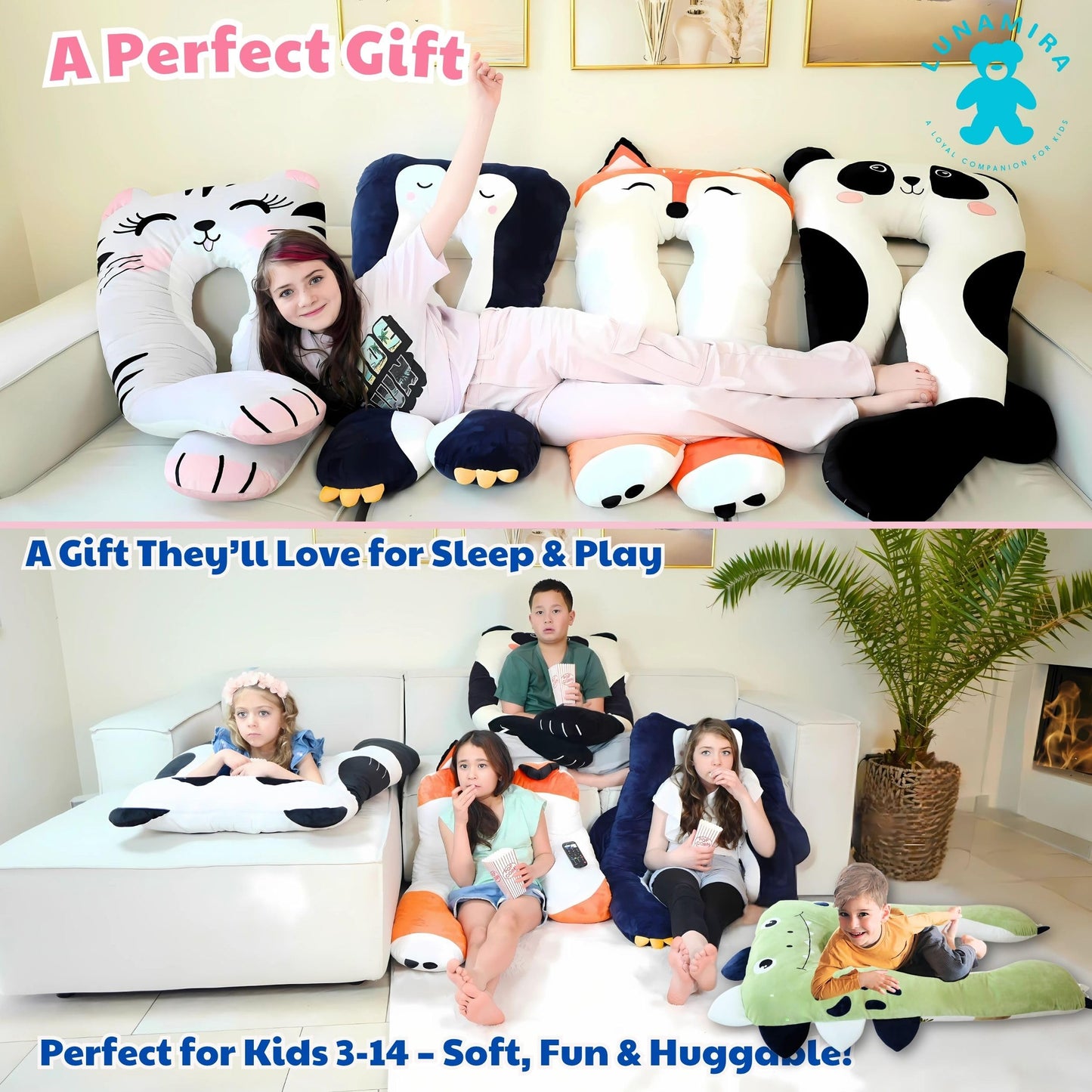 LUNAMIRA Fox Kids Body Pillow - 47" U-Shape Long Plush Soft Animal Pillow for Kids, Sleeping, Reading, ADHD & Special Needs Comfort, Anxiety, Washable Cover, Snuggle Fun Cuddle Gift for Boys & Girls