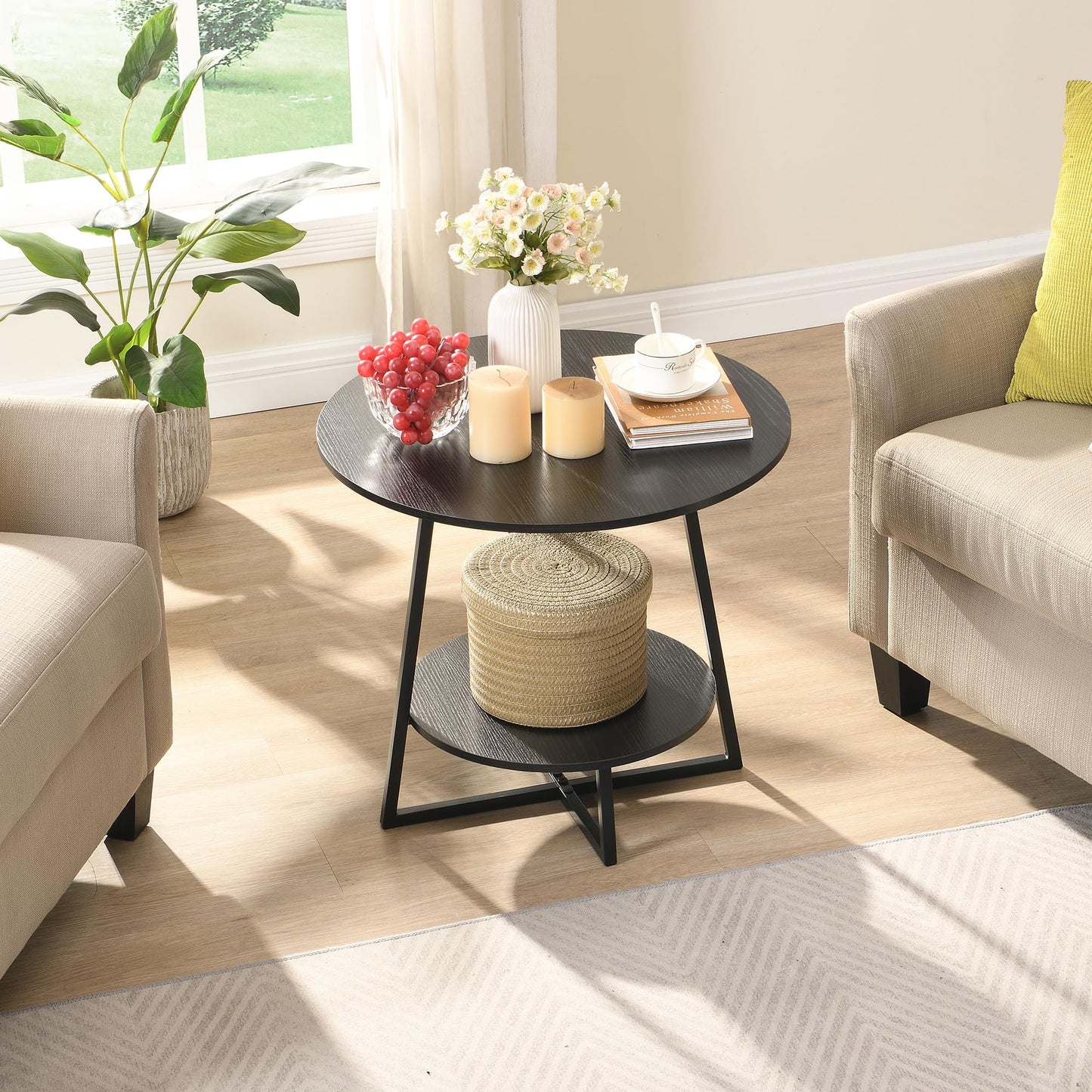 D&H FURNIMMT 20" Living Room Side Table Set of 2 for Small Spaces, 2 Tier Wood Top Round End Tables with Storage Shelf, Accent Sofa Table for Bedroom, Office, Sunroom, Balcony, Black