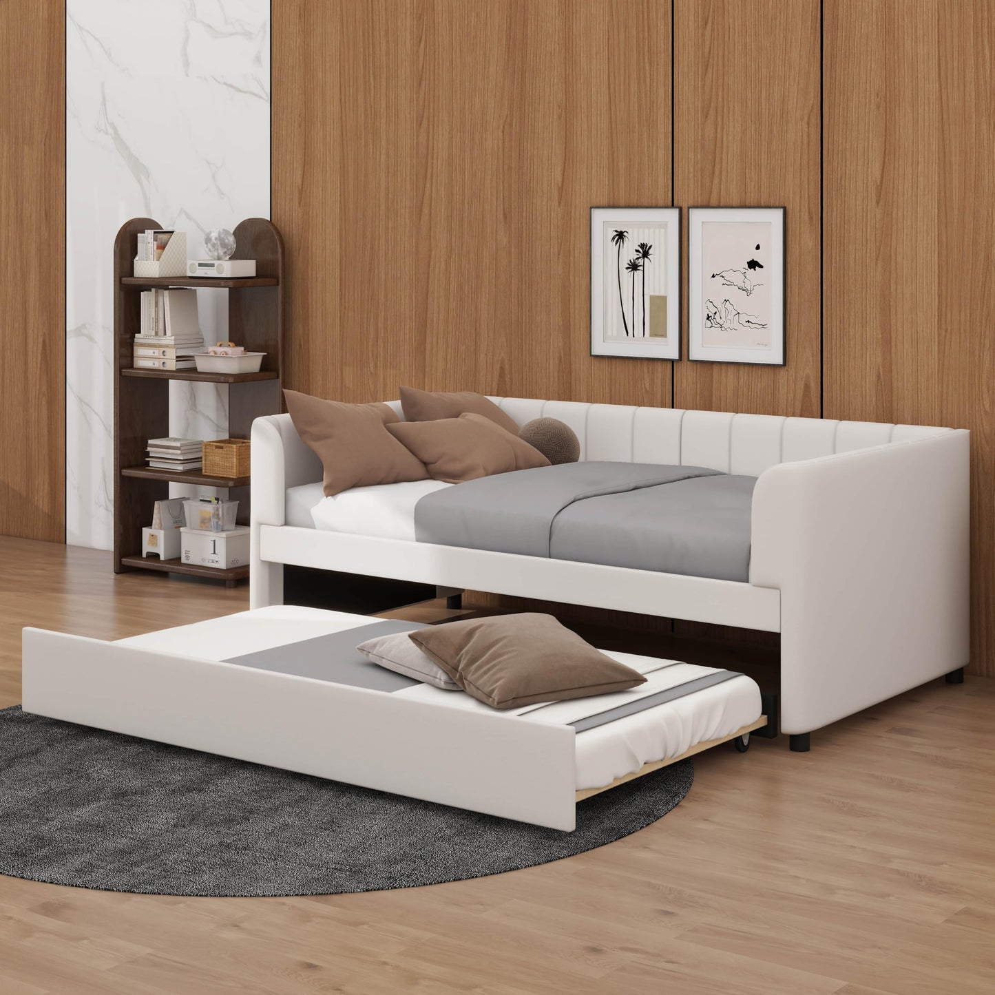 YunNianYang Twin Size Upholstered Daybed Frame with Ergonomic Design Backrest and Trundle (Beige)