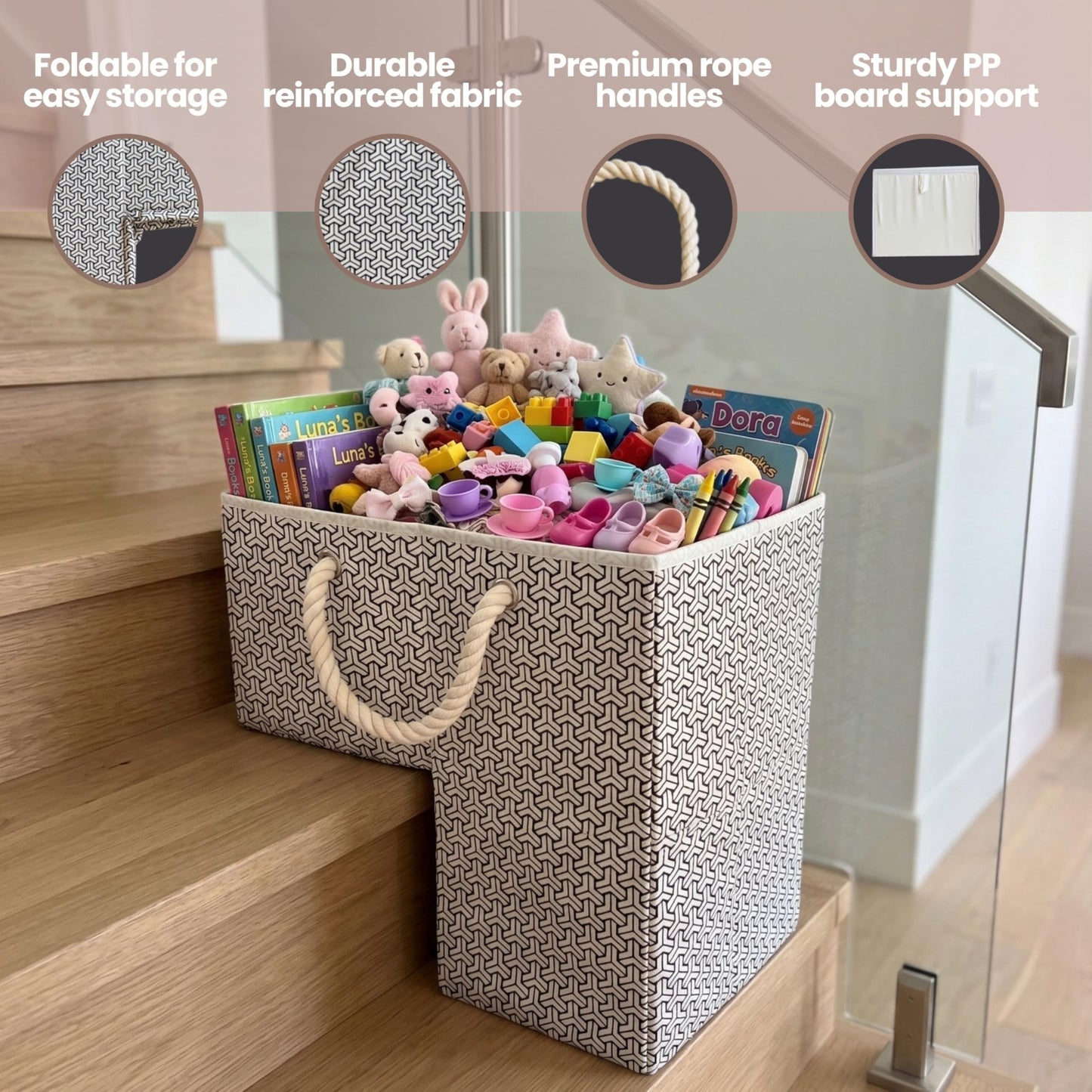 Stair Basket with Modern Geometric Pattern - Foldable Stair Baskets for Carpeted Stairs - Stairway Organizer with Cotton Handle and Pockets for Organizing and Decluttering Your Home