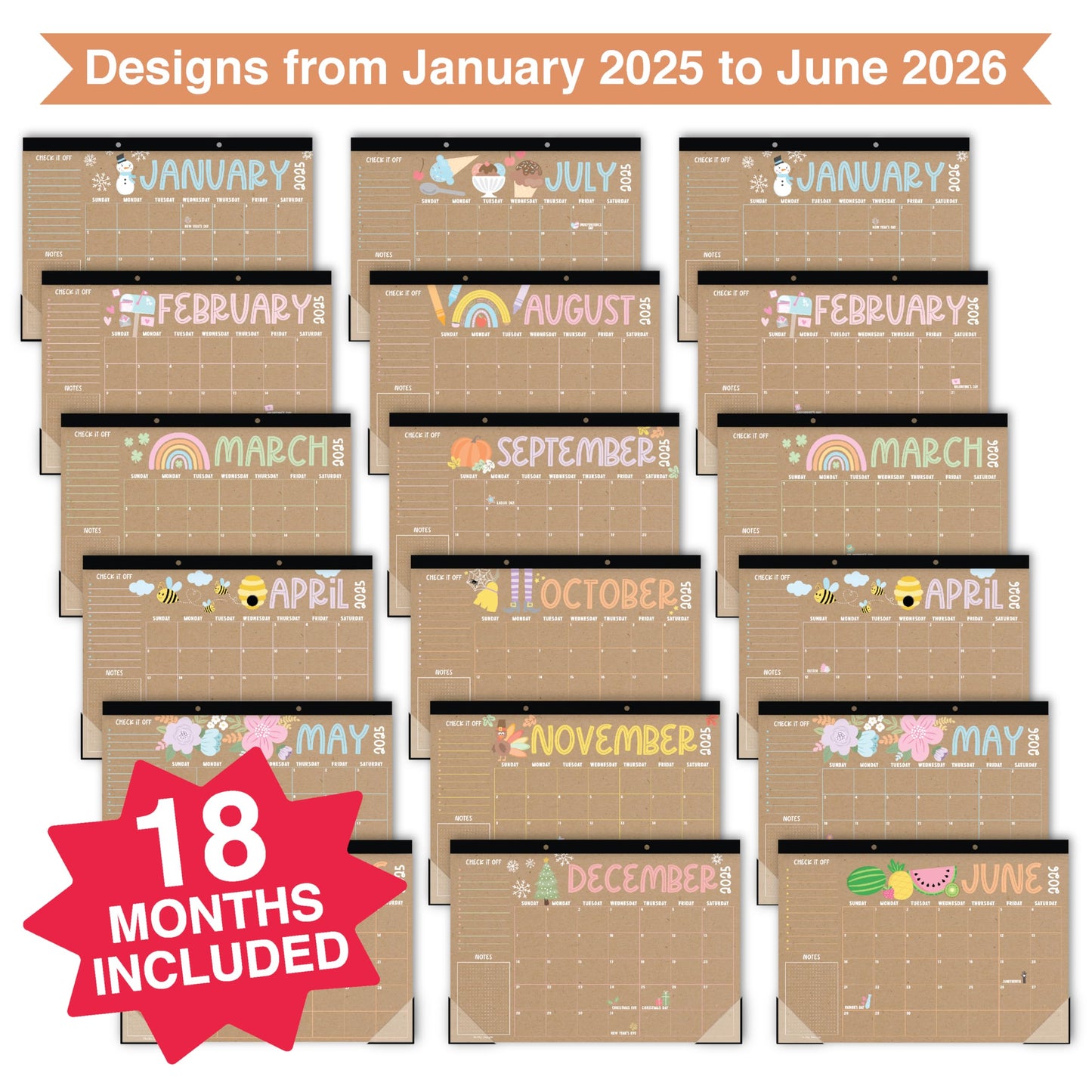 Hadley Designs Large Desk Calendar 2025-2026 - Desktop Calendar 2025, 18-Month Desk Calendars for Home, Office & Classroom, Cute Kraft Classroom Must Haves, Gifts for Coworkers, Teachers & Students