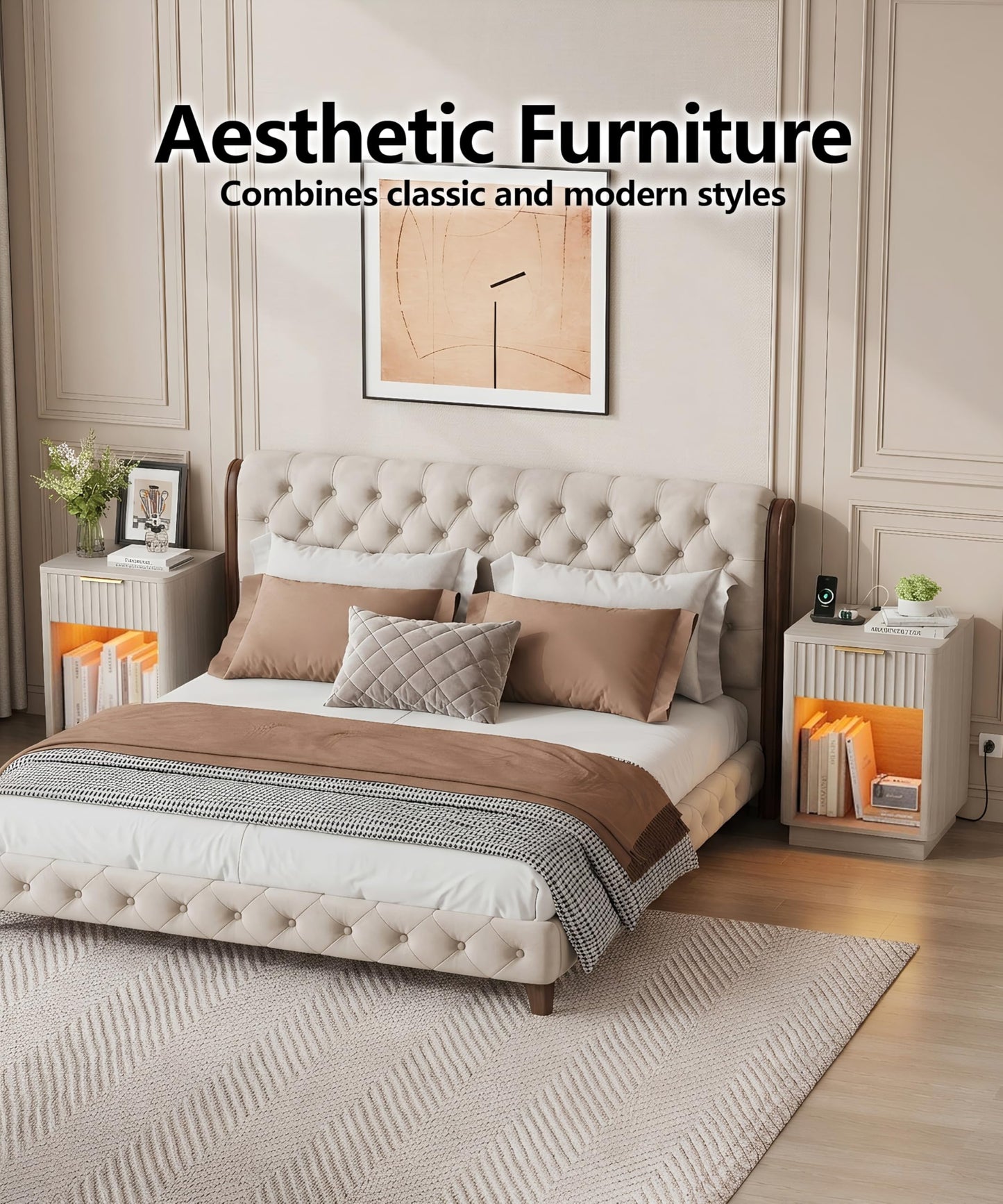 Akxomel Fluted Nightstands Set of 2, Wooden Night Stand with Charging Station and LED Light, Modern Mid Century Bed Side End Table with Drawer, 15" D x 15.7" W x 22.6" H, for Bedroom, White Alder