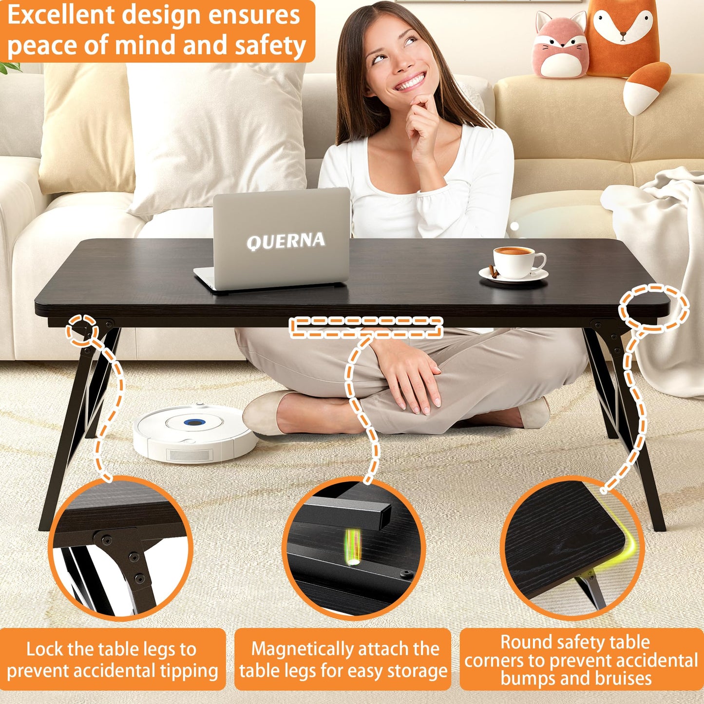 QUERNA Folding Coffee Table, No Assembly Low Coffee Table, Floor Table Desk for Sitting on The Floor, Portable Floor Table for Living Room, Home, Caravan and use, 31.5L‘ x 15.8W’ x 15.8H’
